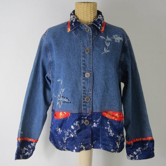Vtg Chicos 1 Women M Blue Denim Jacket Red Gold Floral Embroidered Pewter Button - Picture 5 of 12